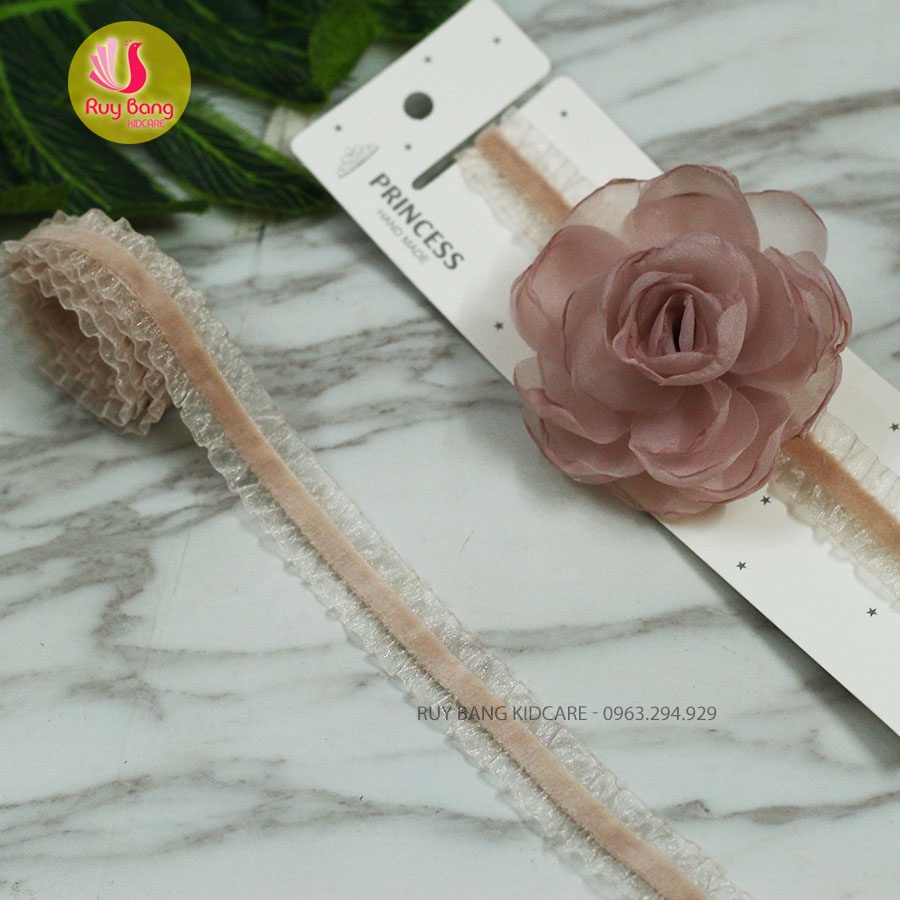 Ruy băng nhún nhung viền bèo dùng làm băng đô, nơ kẹp tóc