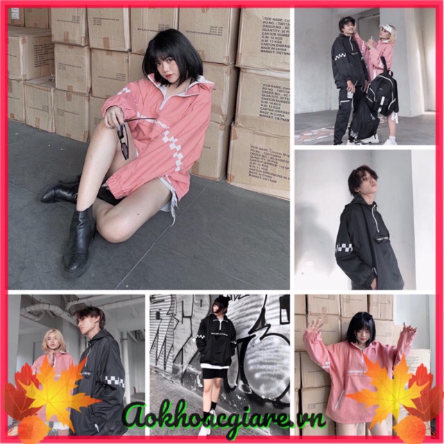 Áo khoác dù nam nữ chui dầy phối dây kéo viền caro | BigBuy360 - bigbuy360.vn