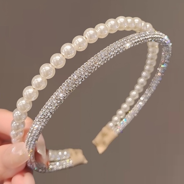 Băng Đô Cài Tóc Đính Đá Hai Hàng Ngọc Trai Phong Cách Hàn Quốc Thời Trang Cho Nữ