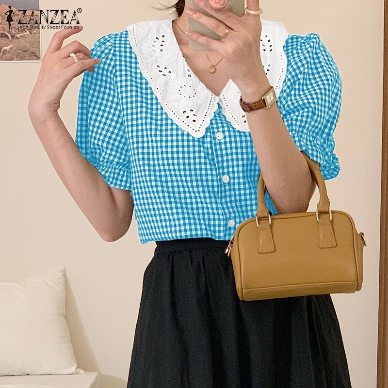 Áo kiểu ZANZEA tay phồng cổ bẻ họa tiết sọc caro phong cách đường phố thời trang cho nữ