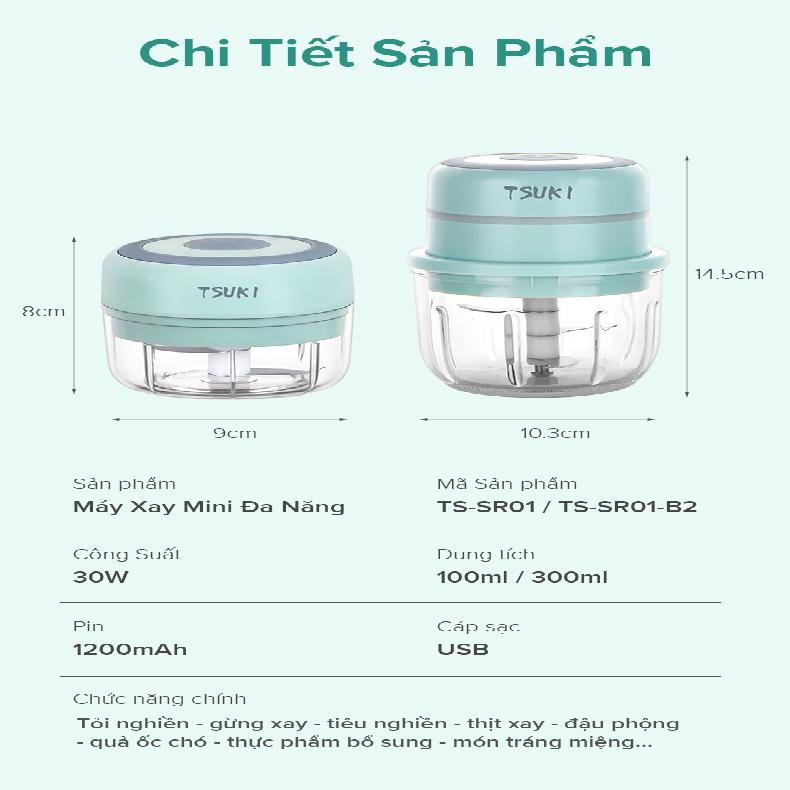 Máy xay tỏi ớt mini đa năng TSUKI - Xay gia vị, đồ ăn dặm cho bé, bảo hành 12 tháng