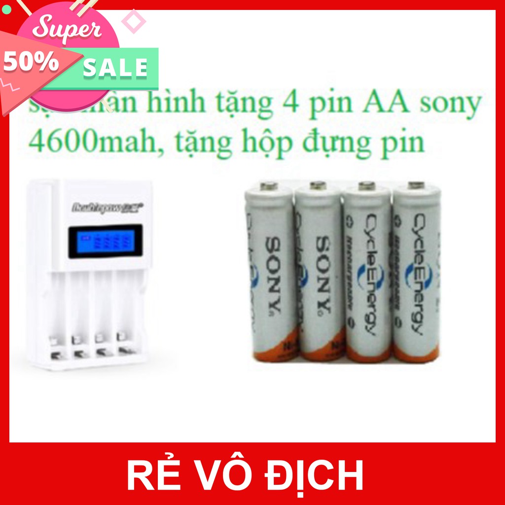 (RẺ VÔ ĐỐI) Bộ sạc pin AA, AAA màn hình LCD tặng kèm hộp 4 pin sony AA 4600mah