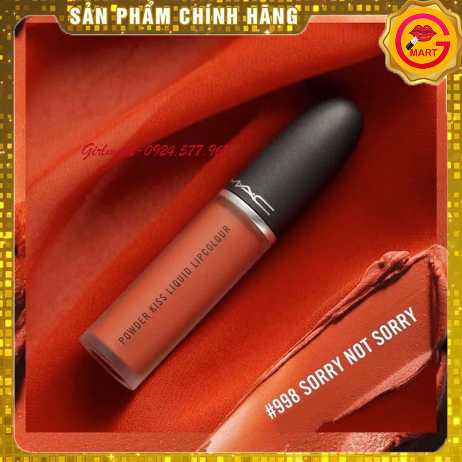 [CHÍNH HÃNG] Son Kem Mac Powder Kiss Liquid Lipcolour Màu 998 Sorry Not Sorry  - Tone Cam Cháy