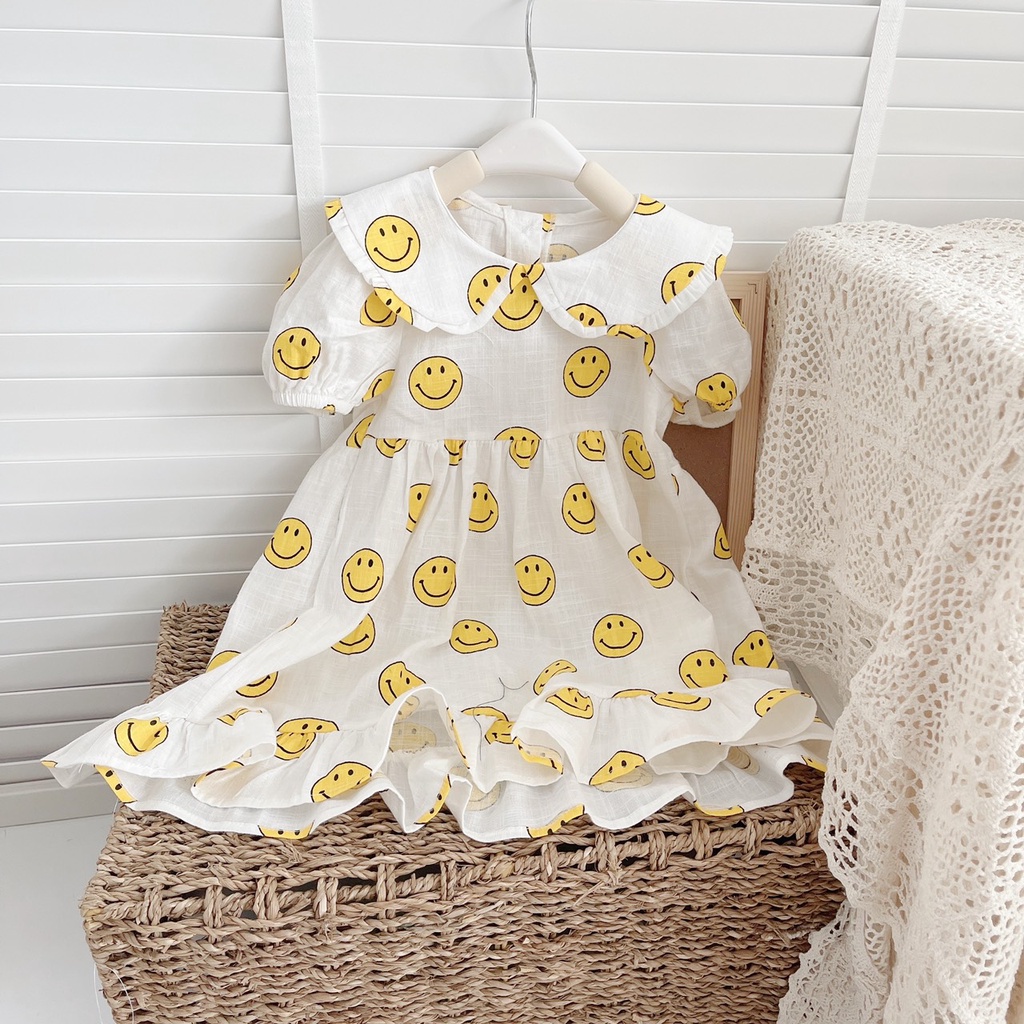 Váy hè cộc tay MẶT CƯỜI cho bé gái 1-6 tuổi-  Chất thô xước mỏng- mềm mát