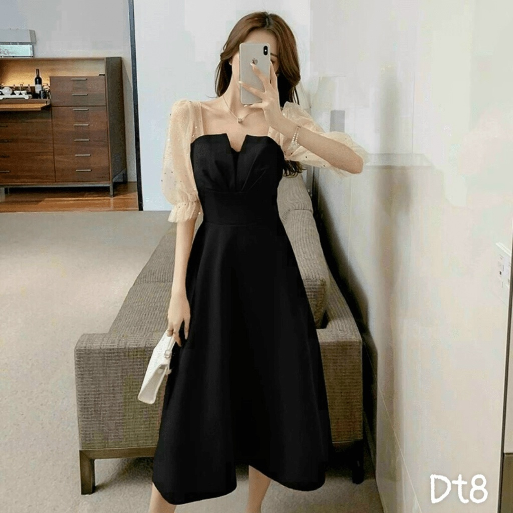 FREE SHIP ĐẦM XÒE TAY LƯỚI NGỰC XẾP DỰ TIỆC XINH XẮN