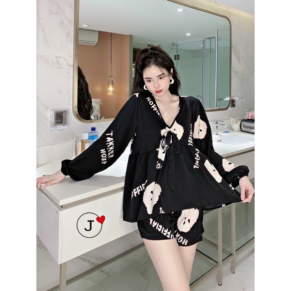 (Dưới 65kg) Đồ bộ pijama mặc nhà đùi cộc ngắn phom babydoll rộng bầu bí sau sinh bon chen thoải mái