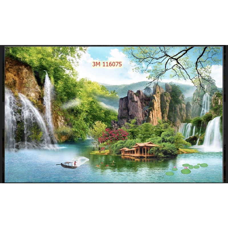 Tranh phong cảnh dòng sông thác nước dán tường 3d. tranh in vải lụa, kèm keo dán