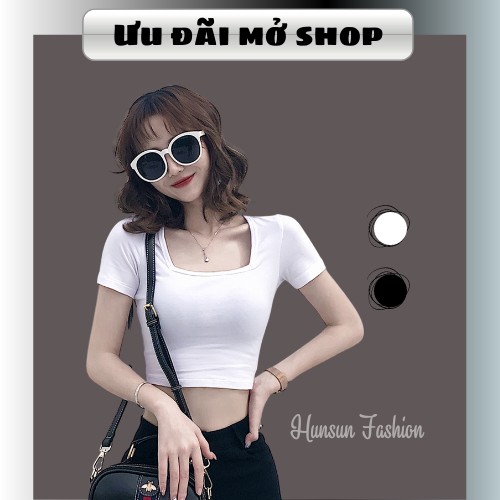 Áo Croptop Cổ Vuông Cộc Tay Nữ - Thun trơn body dáng ôm, form ngắn sexy màu TRẮNG | ĐEN Ulzzang