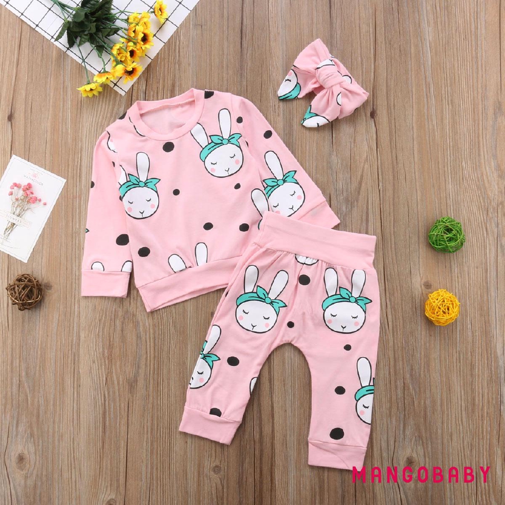 Bộ 3 Cái Gồm Áo Thun In Hình Thỏ + Quần + Băng Đô Cho Bé Sơ Sinh, Bé Gái