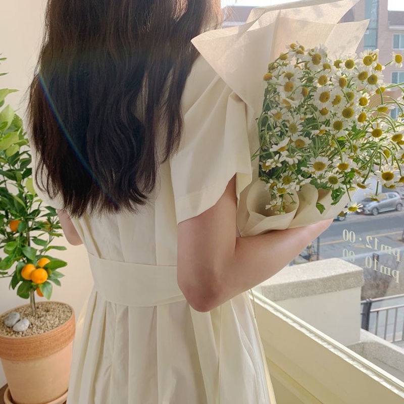 Đầm midi cổ tròn phong cách Hàn Quốc thanh lịch cho nữ