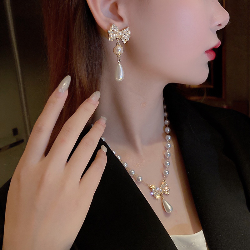 Bộ Vòng cổ + Bông Tai Mạ Bạc 925 Hình Nơ Đính Ngọc Trai Phong Cách Hàn Quốc Cho Nữ