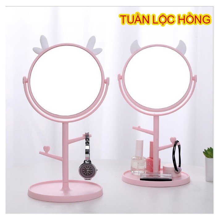 [ Loại To] Gương Tai Mèo - Tuần Lộc Trang Điểm Để Bàn CuTe Màu Hồng Trắng