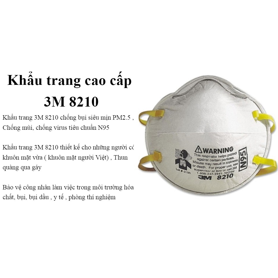 Khẩu trang N95 3M 8210 chống bụi mịn viruss thiết kế linh hoạt ôm sát mặt, phòng dịch hàng chính hãng