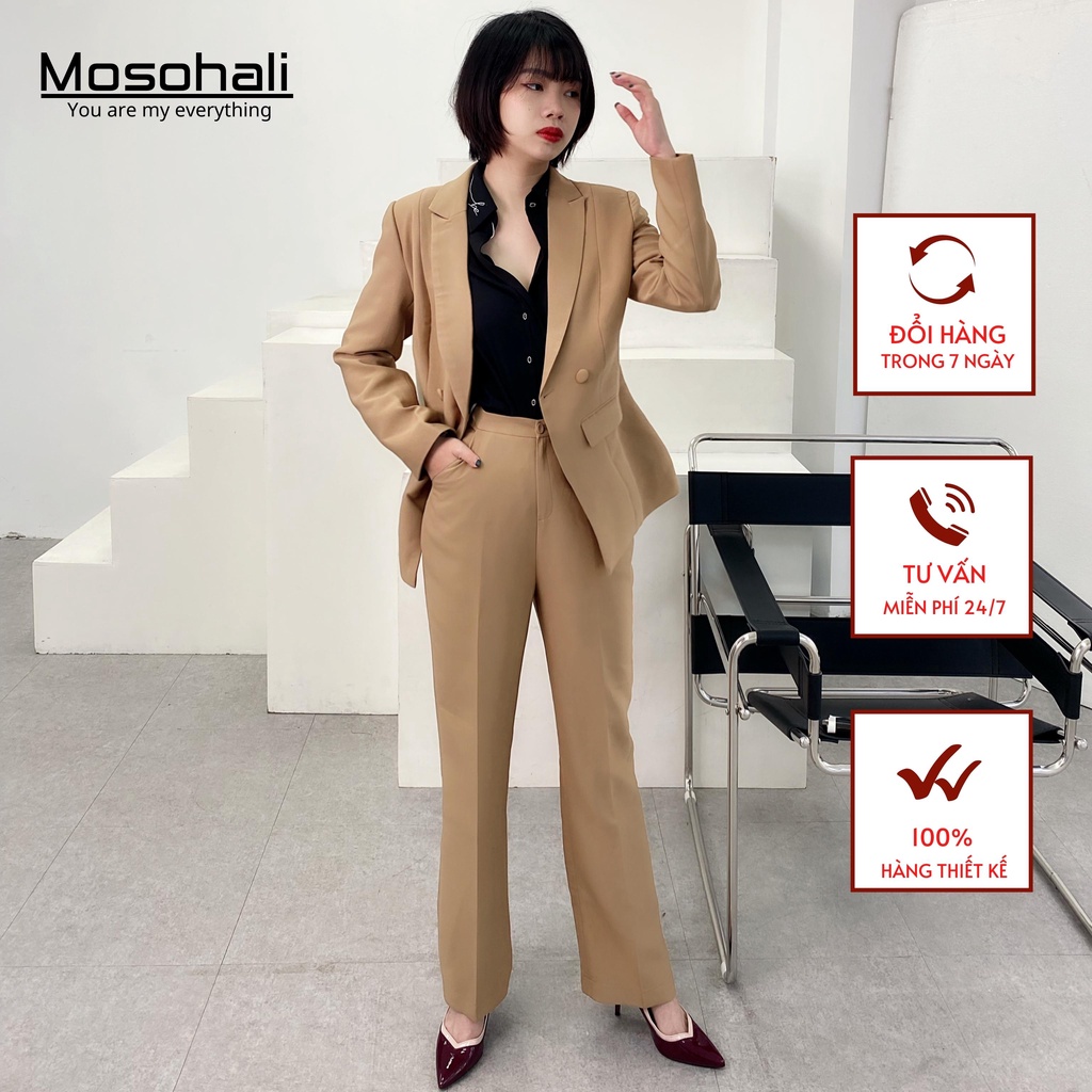 Set blazer nữ Nâu sang trọng Mosohali dáng ôm áo vest 1 khuy cùng quần tây set blazer nữ thiết kế thời trang công sở