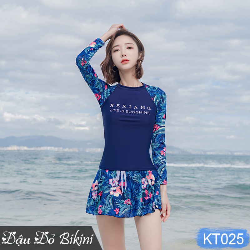 Đồ bơi nữ dài tay, chân váy may liền quần sooc đùi kín đáo, size từ 43 đến 68kg, chất thun bơi cao cấp dày đẹp | KT025