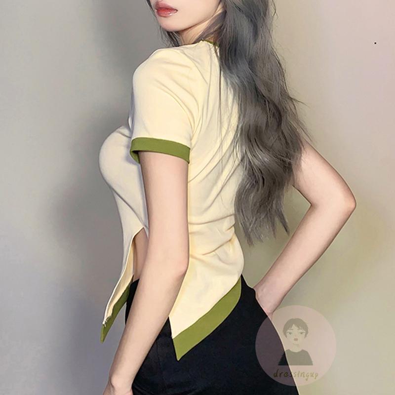 Áo Thun Tay Ngắn Cổ Tròn Màu Sắc Tương Phản Thời Trang Dành Cho Nữ