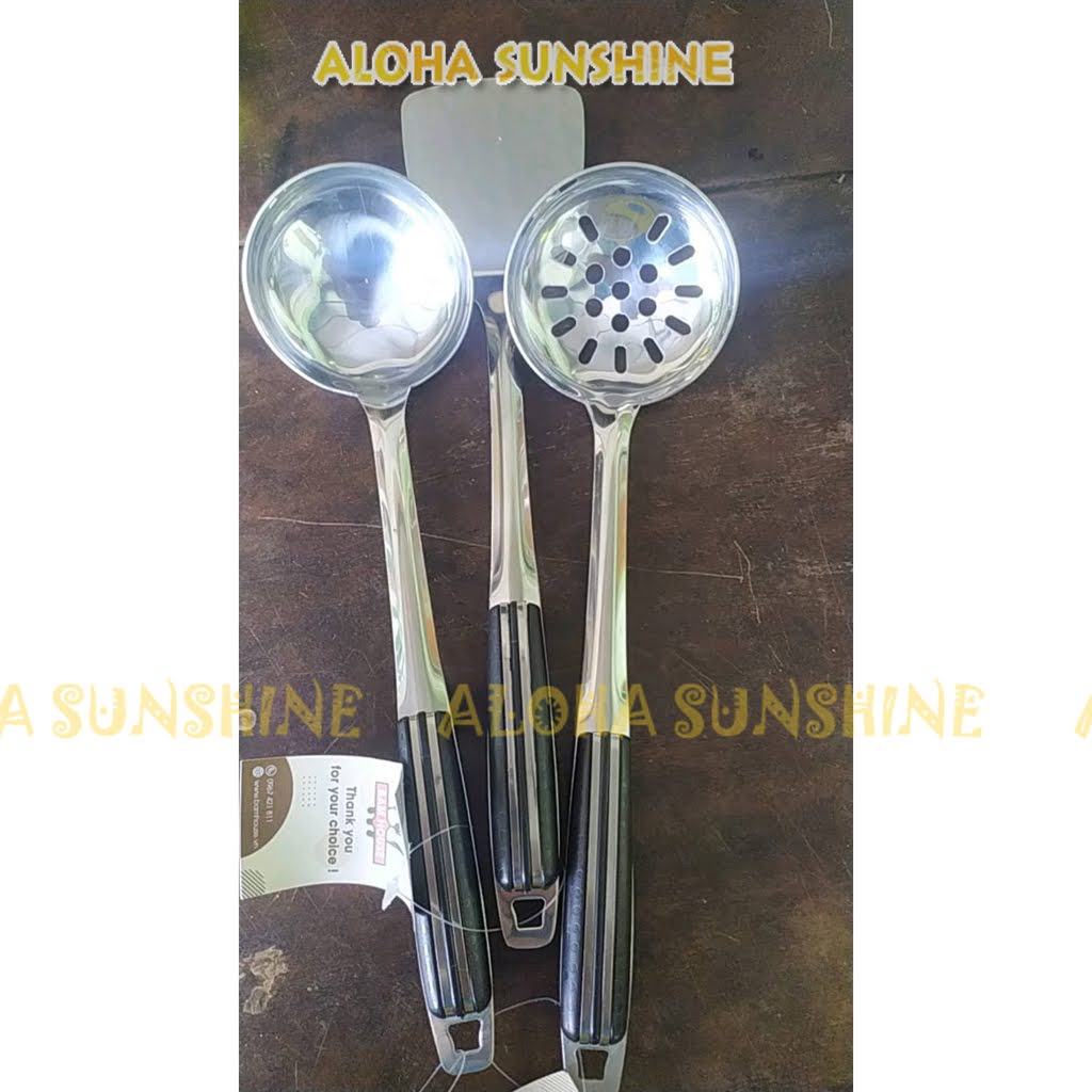 Set Vá đặc, Vá lỗ, Xẻng đặc inox Bam House cán nhựa đen cao cấp siêu bền SCD15 - Gia dụng bếp