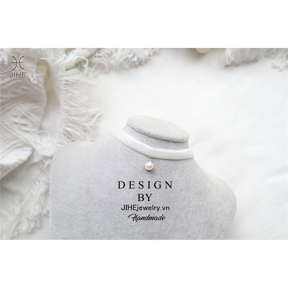 Vòng Cổ choker Dây Nhung Đính Ngọc Trai Trắng Phong Cách Nhật Bản