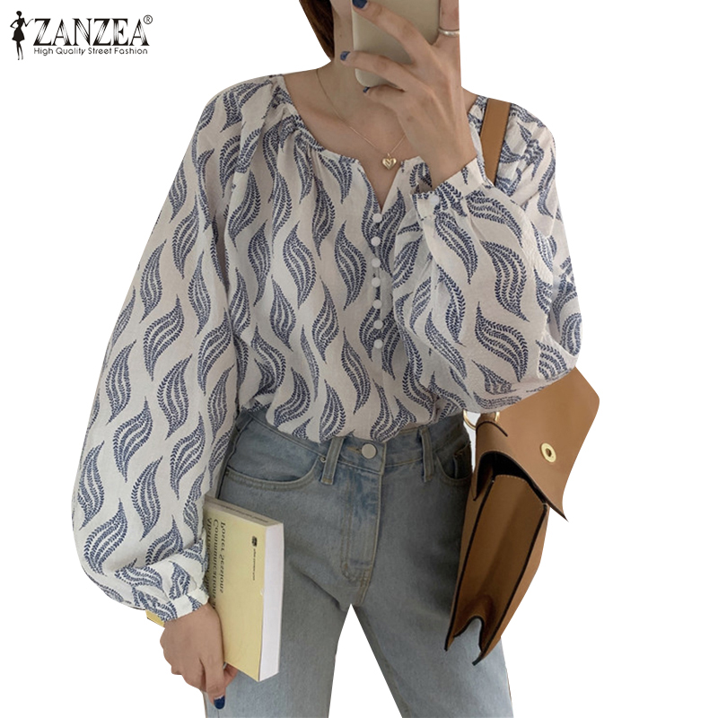 Áo ZANZEA tay dài cổ chữ O họa tiết hình học trang trí xếp ly trẻ trung cho nữ