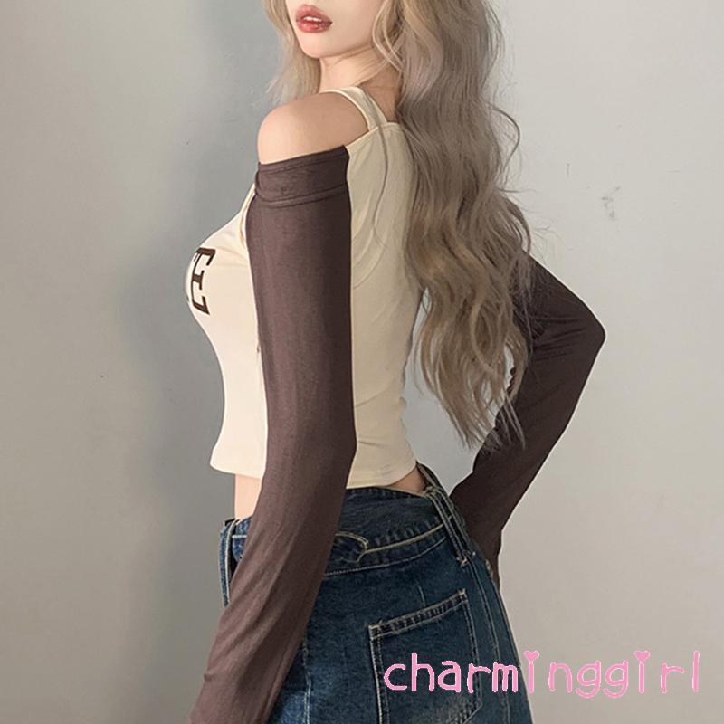 Áo Thun Crop Top Tay Dài Giả Hai Mảnh In Chữ Màu Tương Phản Phong Cách Cổ Điển Thời Trang Dành Cho Bạn Nữ