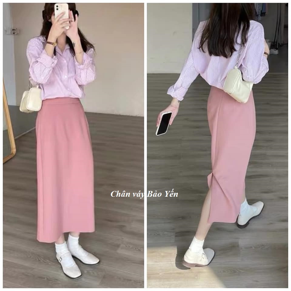 Chân váy dài midi dáng A nhẹ màu hồng phấn (sẵn size)-M11H