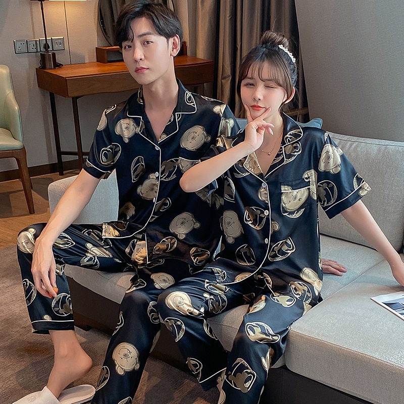 Bộ Đồ Ngủ Lụa Satin Tay Ngắn Plus Size M-5XL Cho Nam Nữ