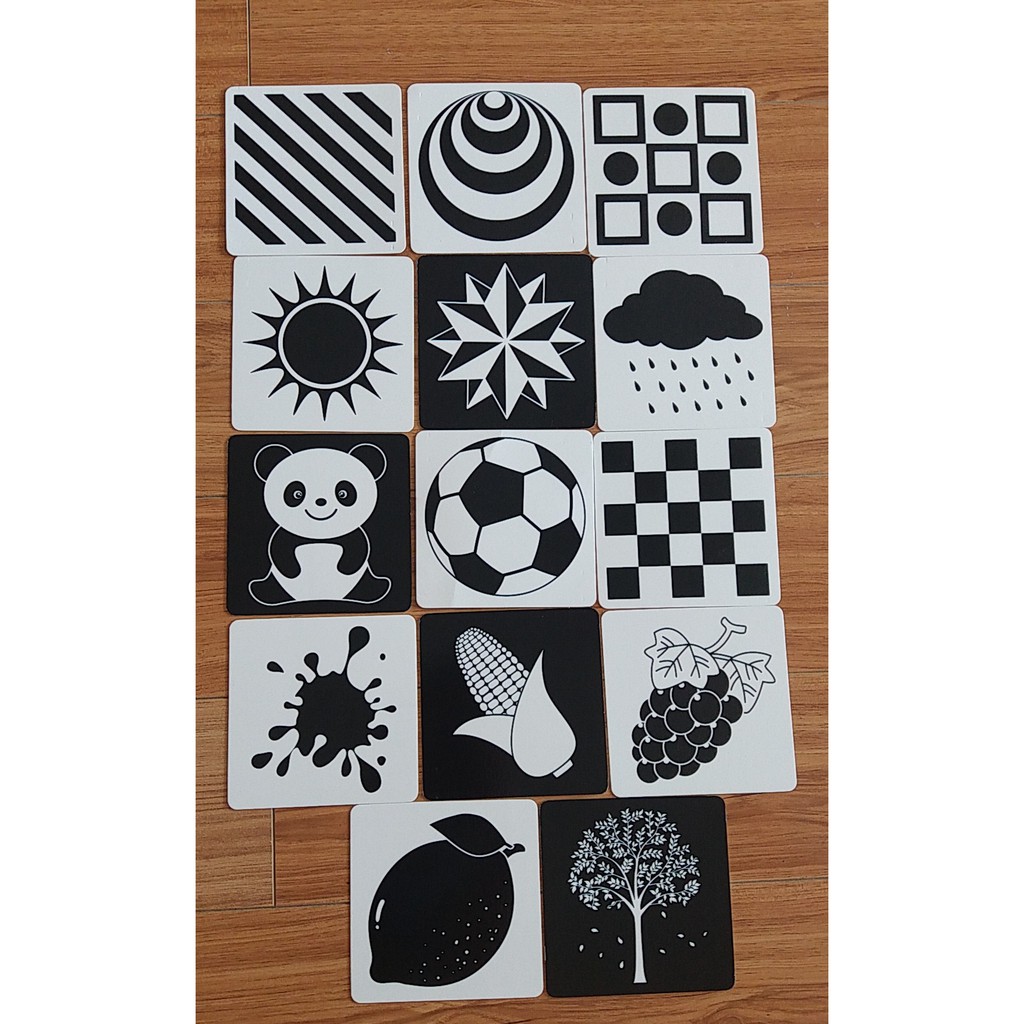 BỘ 28 hình FLASHCARD KÍCH THÍCH THỊ GIÁC ĐEN TRẮNG 1 cho trẻ sơ sinh cỡ 13cm*13cm