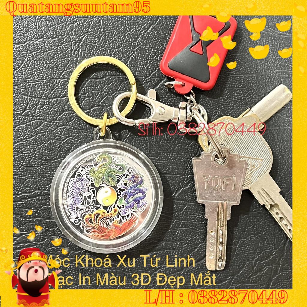 Đồng Xu Tứ Linh Mạ Bạc In Màu 3D Phong Thủy May Mắn Tặng Móc Khóa, Túi Gấm Đỏ