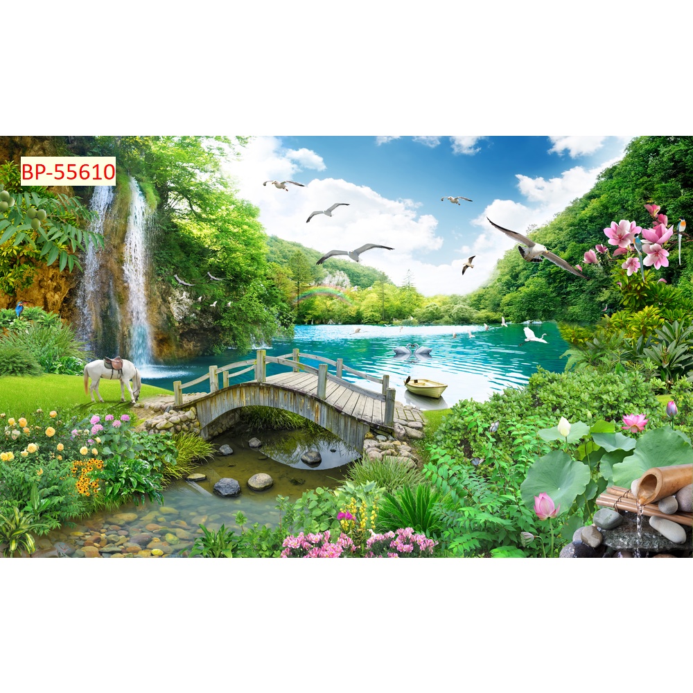 Tranh 3d thác nước chảy rừng cây trong lành