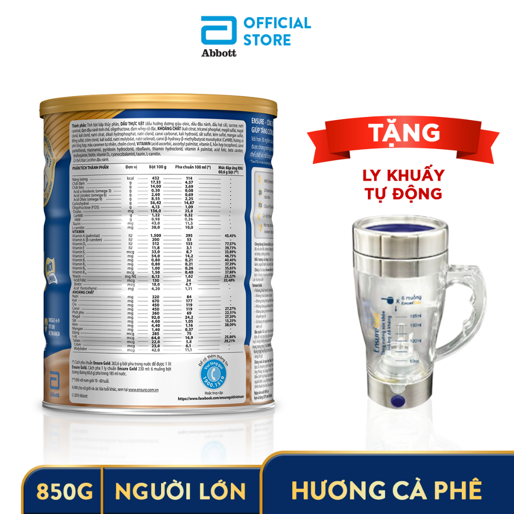 [Tặng ly khuấy tự động] Sữa bột Ensure Gold Cà Phê 850g