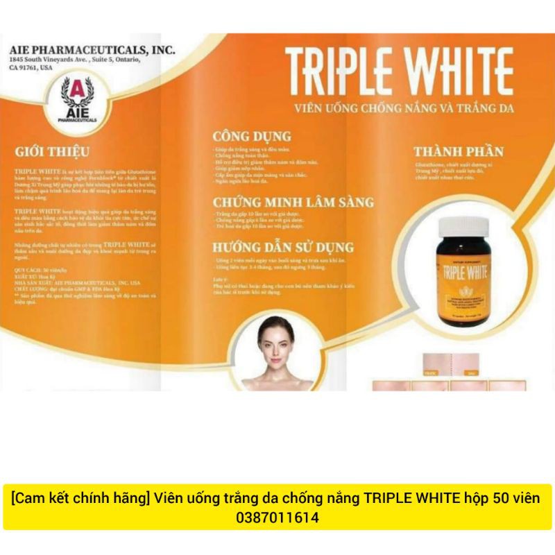 [Cam kết chính hãng] Viên uống trắng da chống nắng TRIPLE WHITE hộp 50 viên | Thế Giới Skin Care