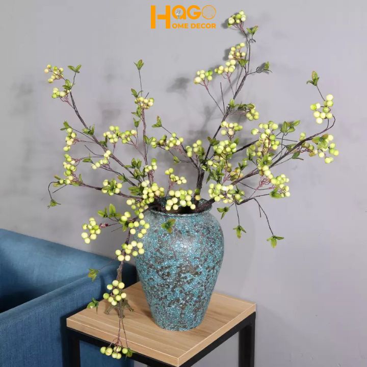 Hoa giả, cành quả cherry cổ dài 95cm  điểm bình hoa  mộc lan, đào đông, lựu đỏ sang trọng