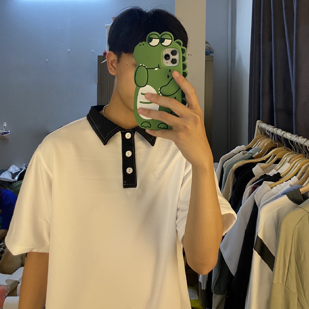 Áo Polo Unisex Tay Lỡ Form Rộng Đen Phối Cổ Trắng Vải Dày Dặn Co Giãn Phong Cách Hàn Quốc