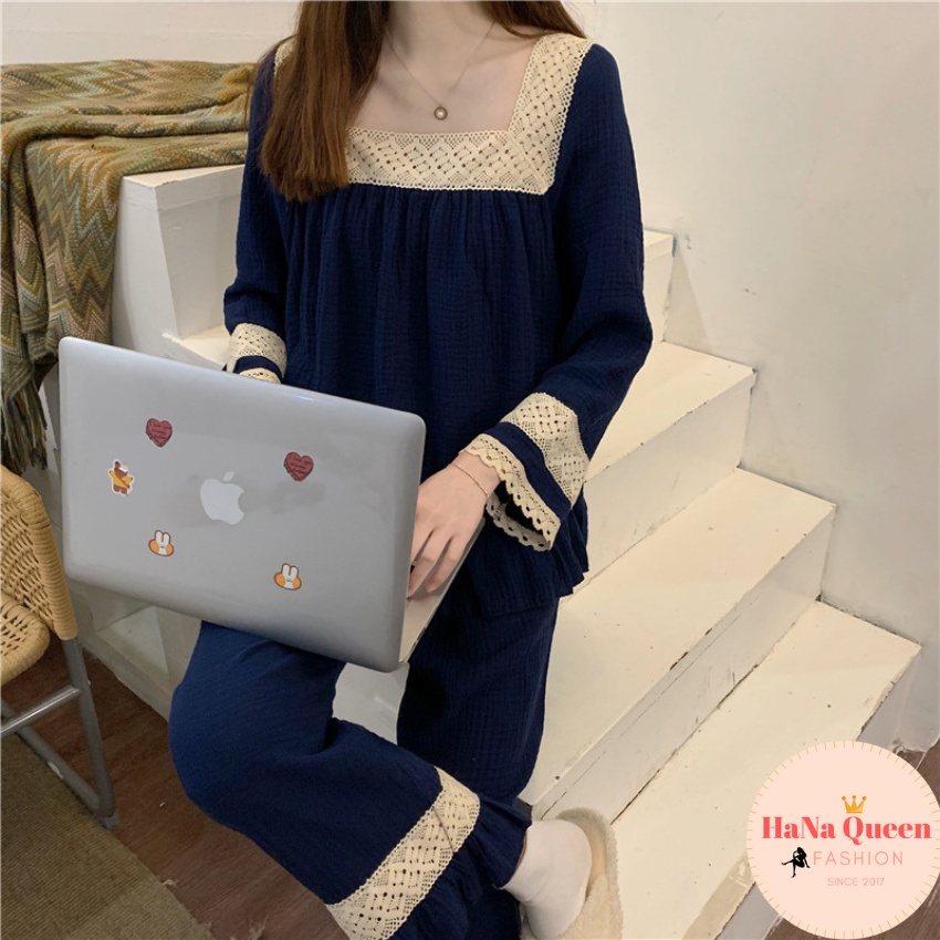 Bộ đồ mặc nhà dài tay phối ren chất muslin cao cấp phong cách tiểu thư cực xinh [Hàng Có Sẵn]