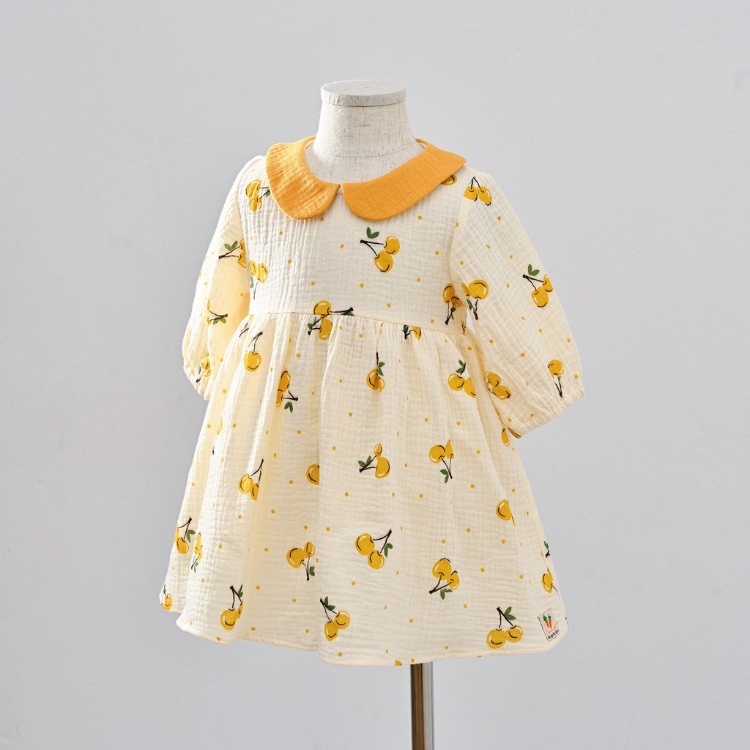 Váy Bé Gái Carrot Đầm Xòe Tay Lỡ Cổ Sen, Họa Tiết Quả Cherry, Chất Xô Muslin Mềm, Thoáng Mát