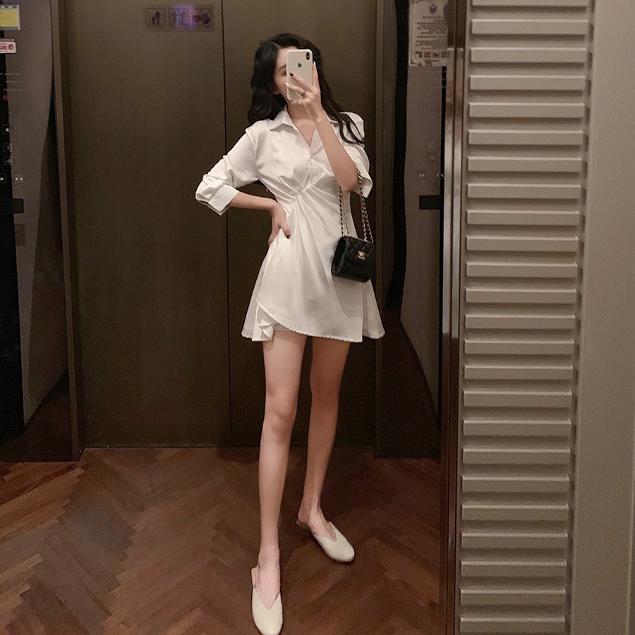 Xiaozhainv Đầm trắng chất Chiffon tay ngắn thiết kế hợp thời trang dành cho nữ | BigBuy360 - bigbuy360.vn