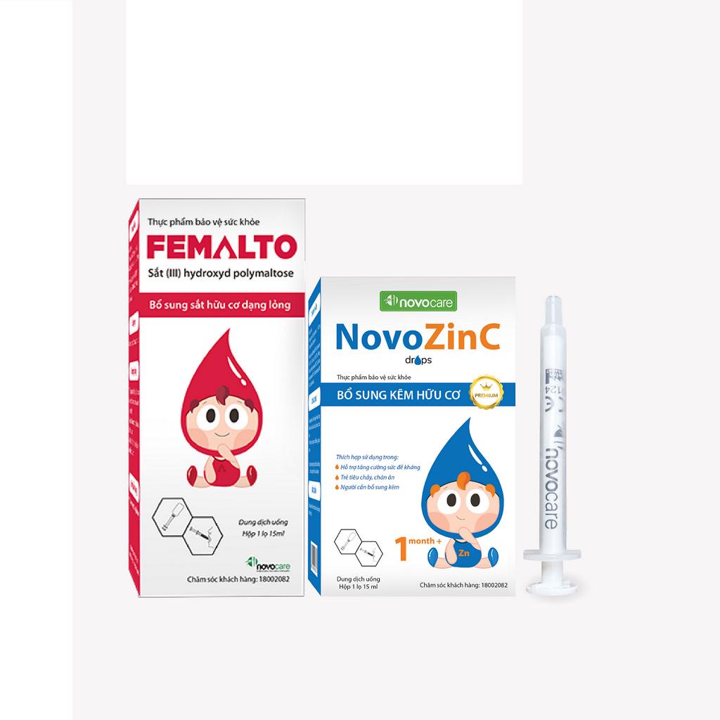 Combo sắt kẽm cho bé Novocare - Femalto sắt cho bé 15ml, NovoZinC kẽm cho bé, giúp tăng đề kháng, ăn ngon cho bé