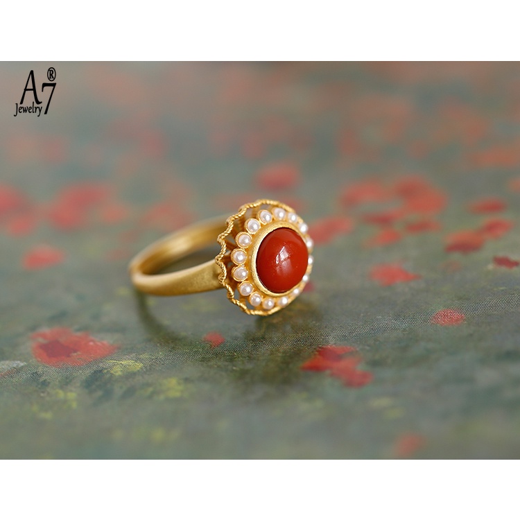 Nhẫn Bạc A7Jade S925 Đính Đá Mã Não Có Thể Xoay Được