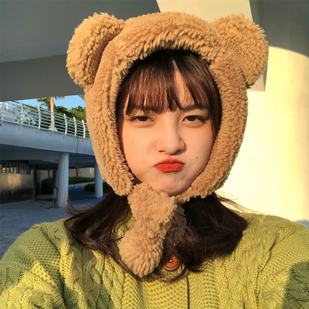 Nón Len Chỏm Giữ Ấm Tai Gấu Dễ Thương Dành Cho Nữ