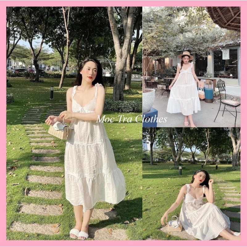 Đầm maxi thô trắng hai dây cánh tiên tiểu thư phối ren có đệm ngực hàng đẹp, Váy 2 dây nữ đi biển hàng 2 lớp dáng dài
