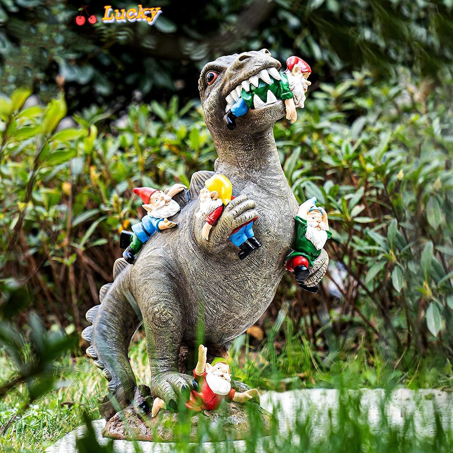 LUCKY Creative Garden Statue Cartoon Yard Sculpture Dinosaur Eating Gnomes Patio Lawn Art Decor Indoor Outdoor Funny Photo Props Gnomes Statue