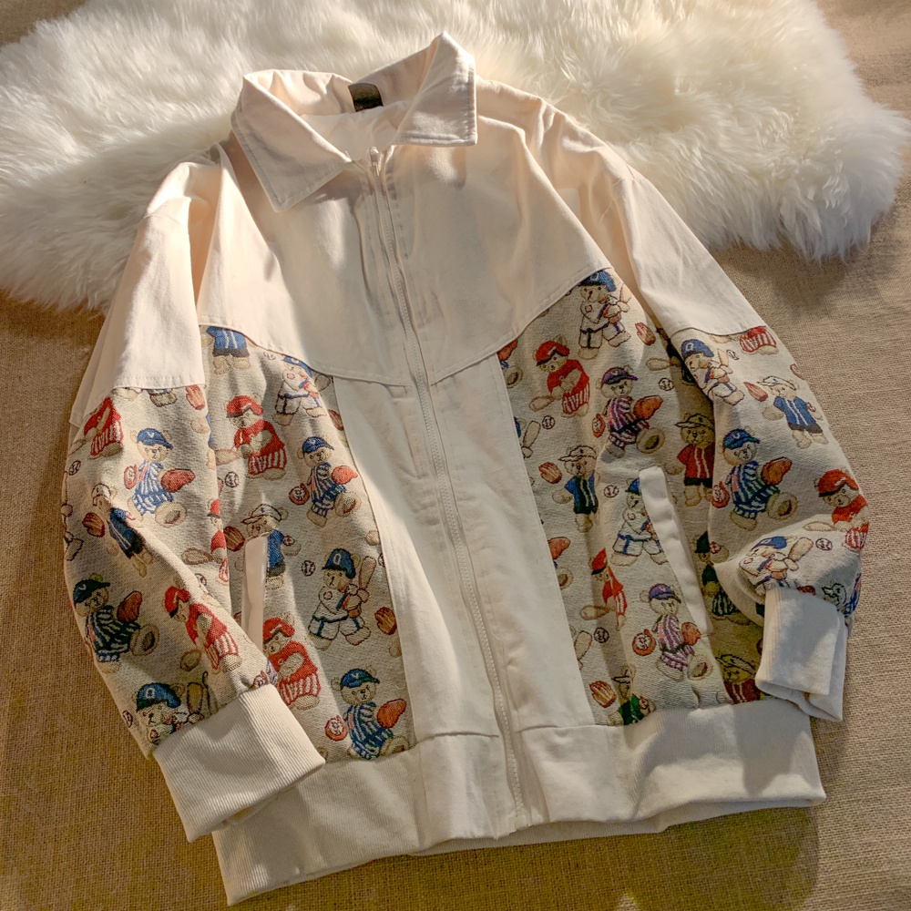 NUZIRO  Áo khoác bóng chày  dáng rộng thêu hình gấu phong cách retro