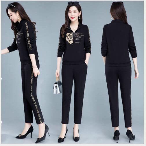 Set bộ nữ in hoa và chữ phối khoá kéo tay dài