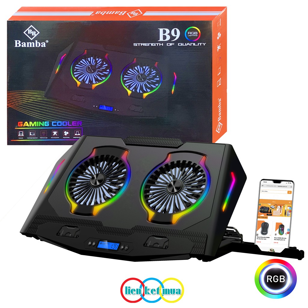 Quạt làm mát Laptop Bamba B8 và Bamba B9 có Led RGB ( 2 Quạt lớn) - Đế tản nhiệt Laptop có Led RGB