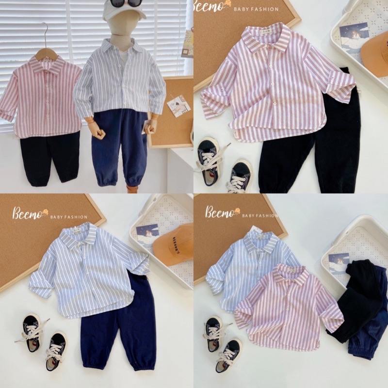 Set bộ kẻ 2 màu cho bé trai, áo sơ mi sọc, quần kaki đũi bộ gấu, set trang phục đi chơi, bộ sơ mi quần đũi có sẵn