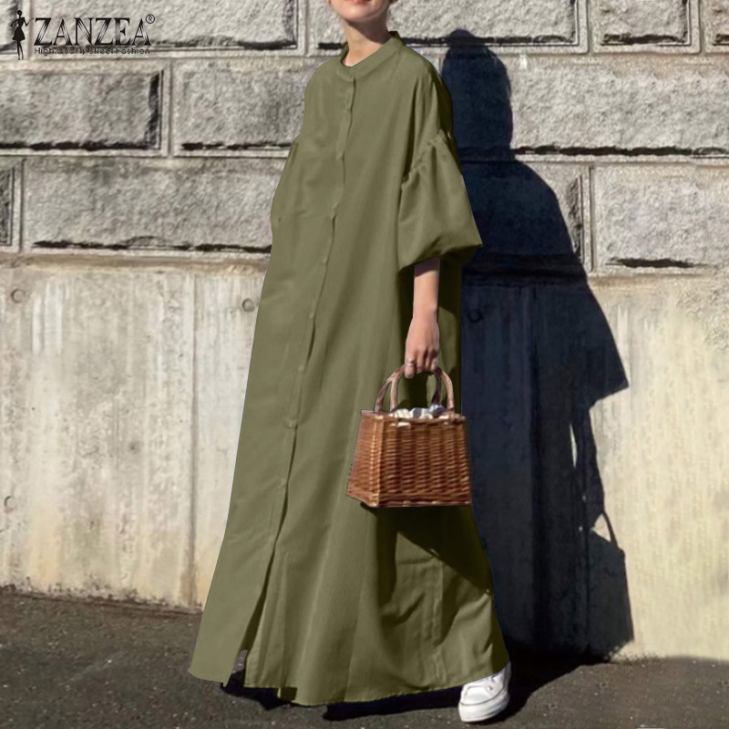 Zanzea Đầm Dài Cổ Tròn Cài Nút Tay Lồng Đèn Thời Trang Cho Nữ