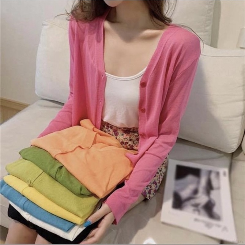 (Sẵn đen) Áo khoác ngoài cardigan tay dài trơn len mỏng tiểu thư - Order taobao quảng châu