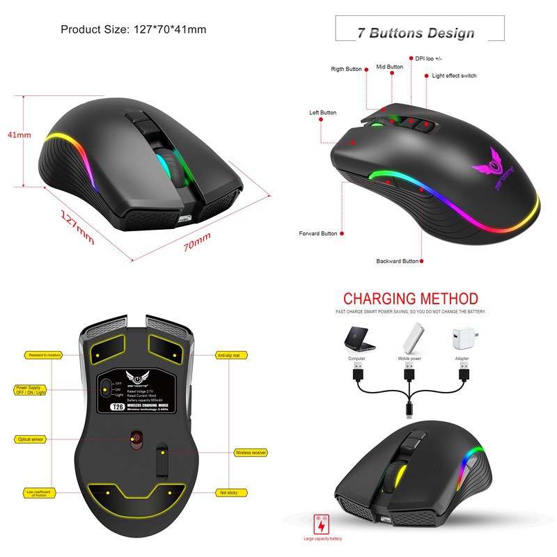 Chuột Không Dây Pin sạc T26 Gaming Mouse Type C