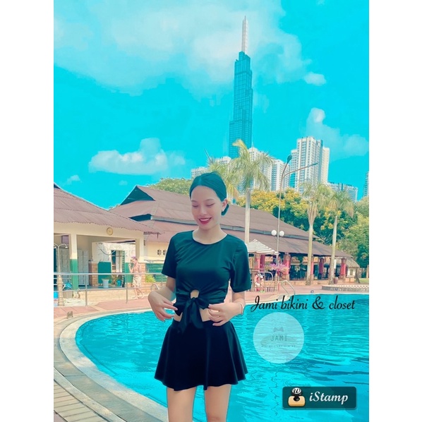ĐỒ BƠI NỮ  ÁO TAY DÀI CROPTOP CHE BỤNG KÈM VÁY QUẦN - ATD2