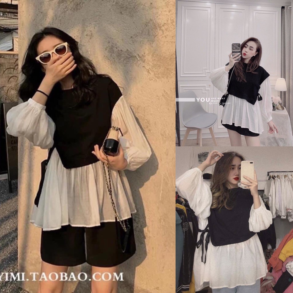 Áo phối sơ mi dây buộc tay bồng dáng xòe tiểu thư xinh xắn_GuuZ Fashionista